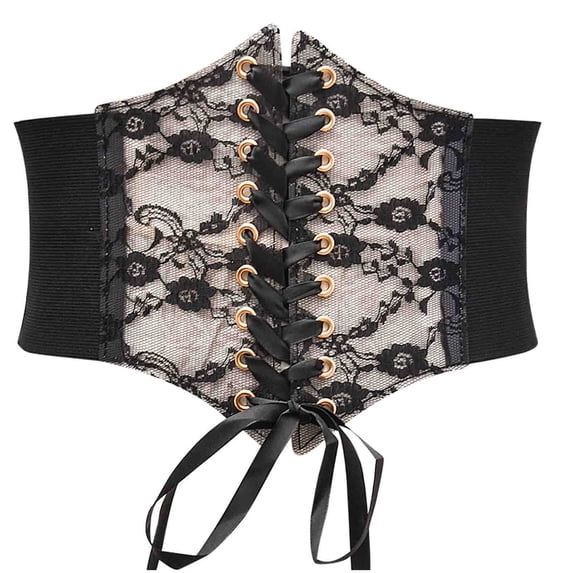 Women's Elastic Floral Lace Corset Waist Belt Lace up Tummy Underbust Waist Corset for Vintage Dress Party Matching Black One Size