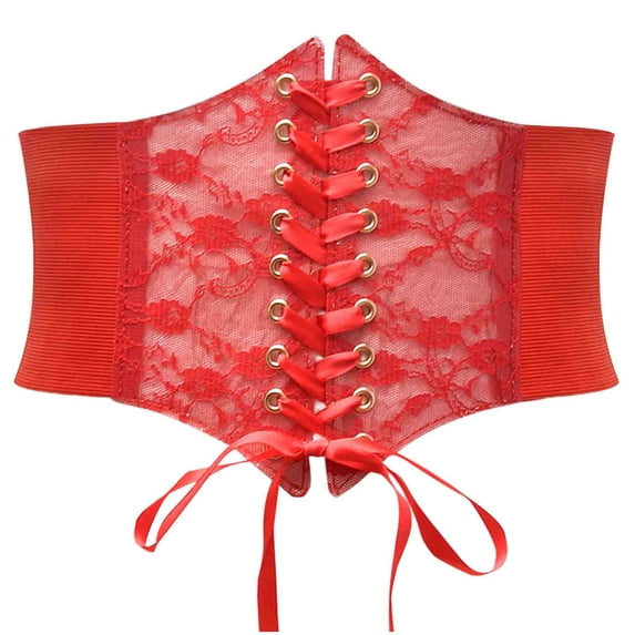 Women's Elastic Floral Lace Corset Waist Belt Lace up Tummy Underbust Waist Corset for Vintage Dress Party Matching Red One Size