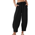 thumbnail image 1 of Women's Elastic High Waist Capri Pants Cotton Linen Lightweight Comfy Vacation Beach Summer Casual Loose Wide Leg Pants Black,M, 1 of 7