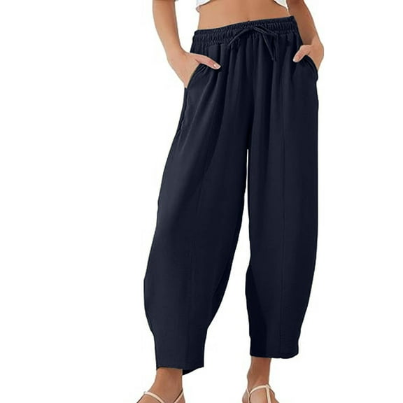 Women's Elastic High Waist Capri Pants Cotton Linen Lightweight Comfy Vacation Beach Summer Casual Loose Wide Leg Pants Dark Blue,L