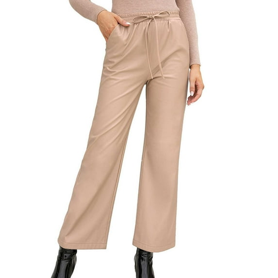 Women's Elastic High Waist Cropped Leather Pants Casual Loose Trousers Leather Straight Leg Wide Leg Pants