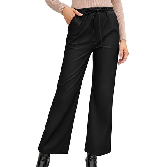 Women's Elastic High Waist Cropped Leather Pants Casual Loose Trousers Leather Straight Leg Wide Leg Pants