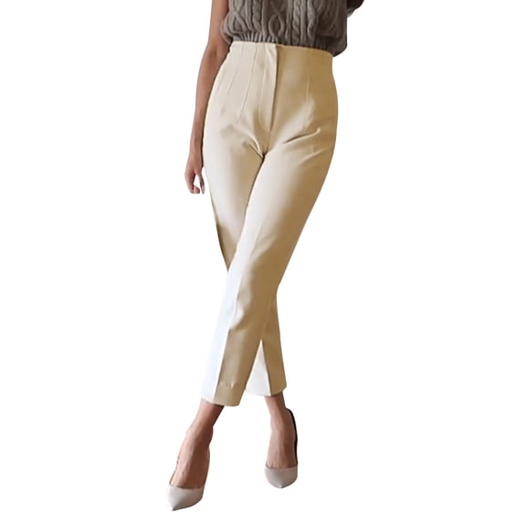Women's Elastic High Waist Cropped Work Pants with Pockets, Professional Office Trousers with Hidden Zipper, Comfortable Suit Pants for Casual Wear, Business Attire, and Multiple Occasions Khaki M
