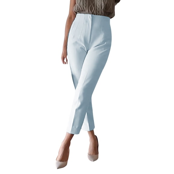 Women's Elastic High Waist Cropped Work Pants with Pockets, Professional Office Trousers with Hidden Zipper, Comfortable Suit Pants for Casual Wear, Business Attire, and Multiple Occasions Sky Blue S