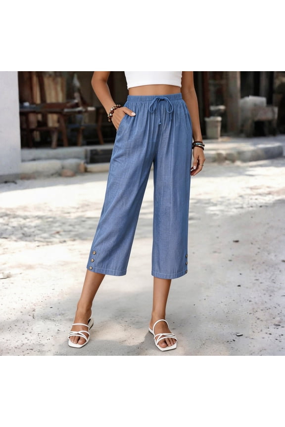 Women's Elastic High Waist Drawstring Capri Pants Soft Denim Wide Leg Cropped Culotte Trousers with Side Buttons Light Blue 2XL