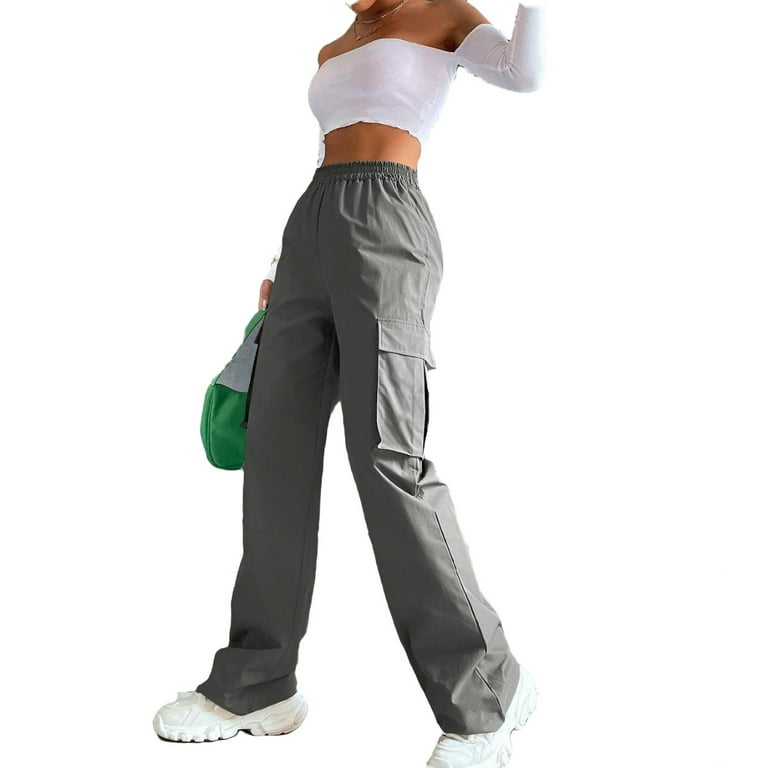 Women's Elastic High Waist Flap Pocket Cargo Pants Grey