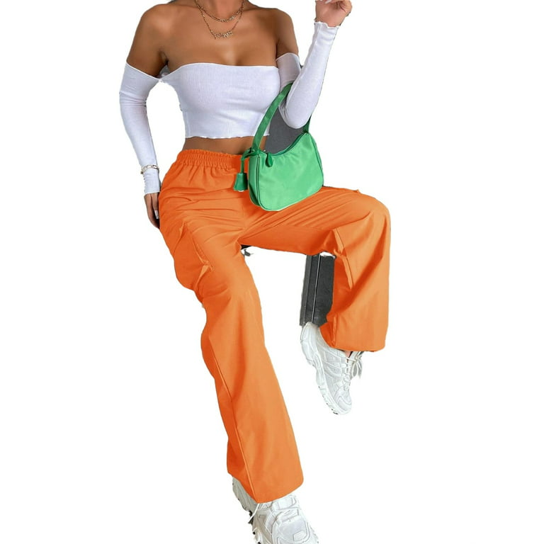 Women's Elastic High Waist Flap Pocket Cargo Pants Orange