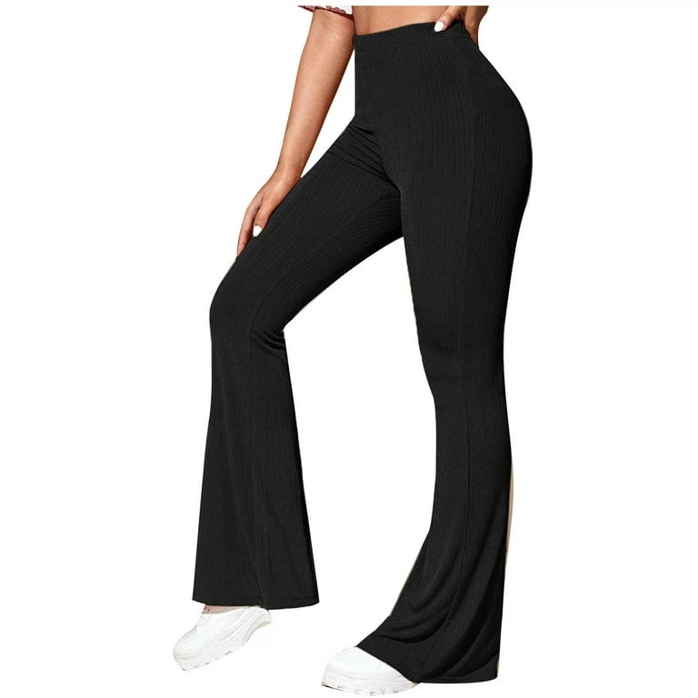 Women's Elastic High Waist Flare Pants Bell Bottom Ribbed Knit Yoga Pants  Casual Loose Long Pants Trousers