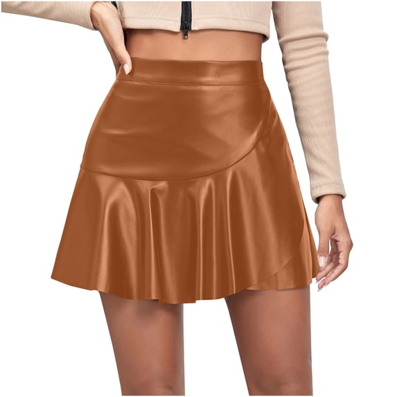 Women's Elastic High Waist Ruffle Hem PU Leather Skort Skirt Shorts Womens Mini Skirt Pleated Flared Skater Skirt Khaki,S