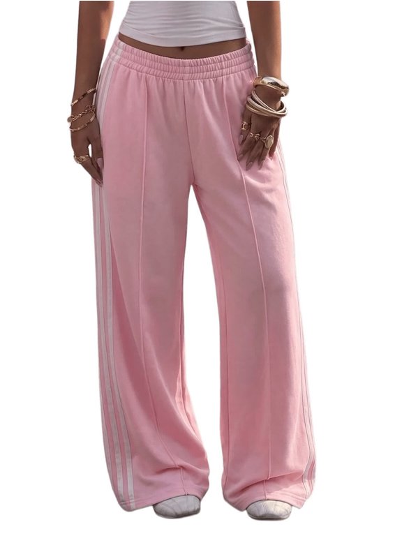 Women's Elastic High Waist Side Stripe Y2K Style Draped Wide Leg Casual Long Pants Pink Stripe L