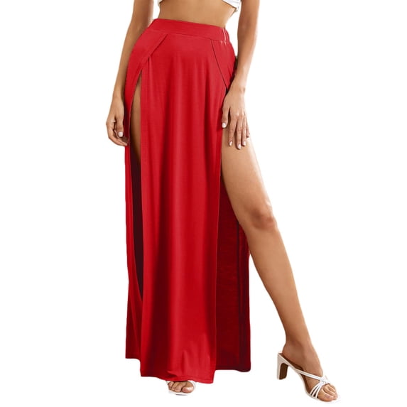 Women's Elastic High Waist Skirt Solid Color Side High Split Dress Loose Fit Sweat Absorption Long Maxi Skirt Wrap Flowy Beachwear