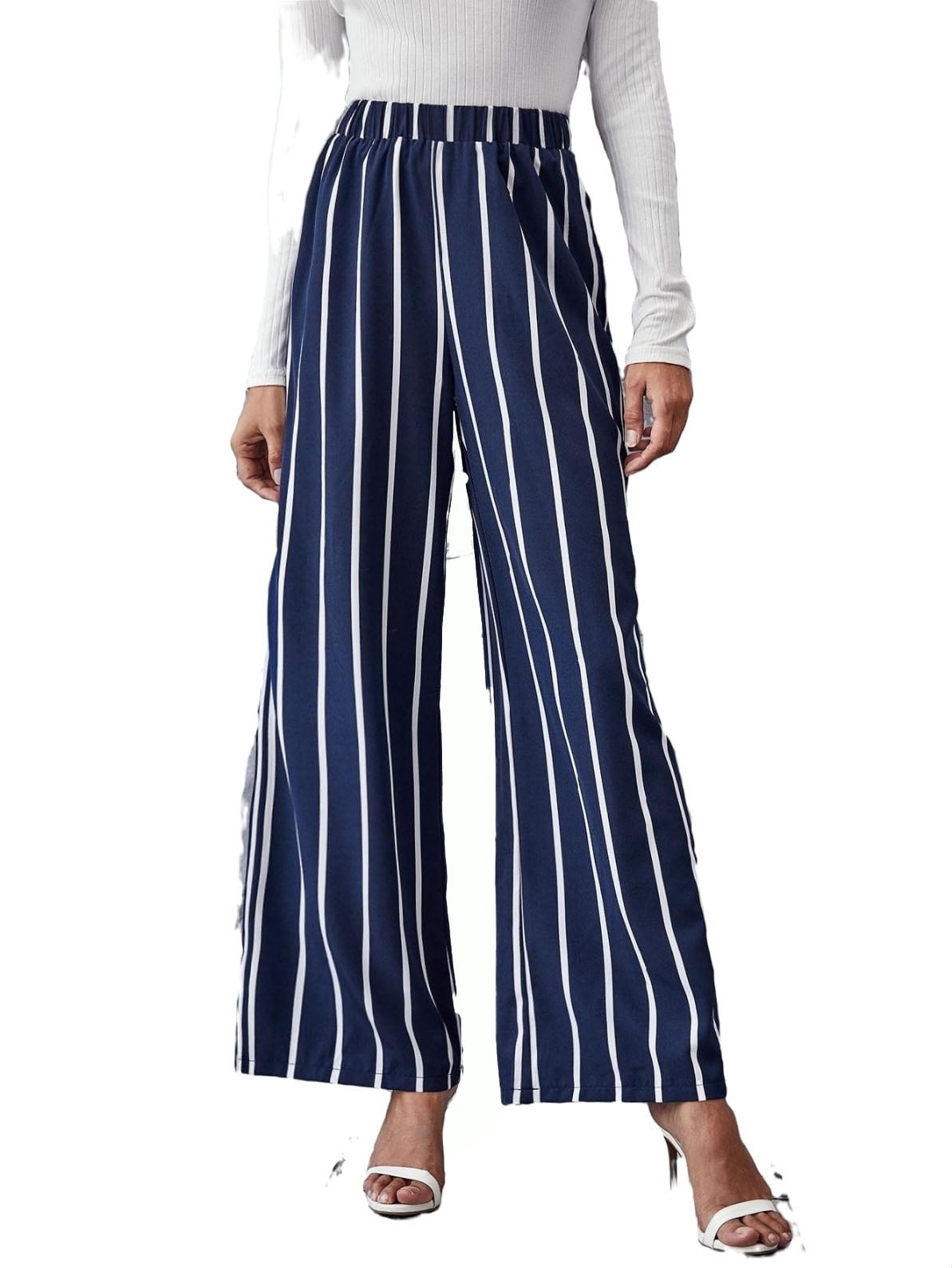 Women's Elastic High Waist Striped Wide Leg Pants Navy Blue
