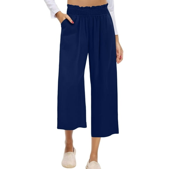 Women’s Elastic High Waist Sweatpants, Summer Wide Leg Lightweight Capris Pants, Fashion Comfy Straight Trousers