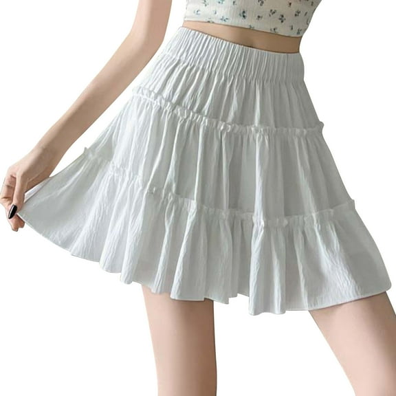 Women's Elastic High Waist Tulle Ruffle Pleated A-Line Swing Midi Skirt White Xl