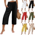 thumbnail image 1 of Women's Elastic High Waist Wide Leg Capri Pants Cotton Linen Casual Lounge Cropped Pants Lightweight Breathable with Side Pockets Black XL, 1 of 4