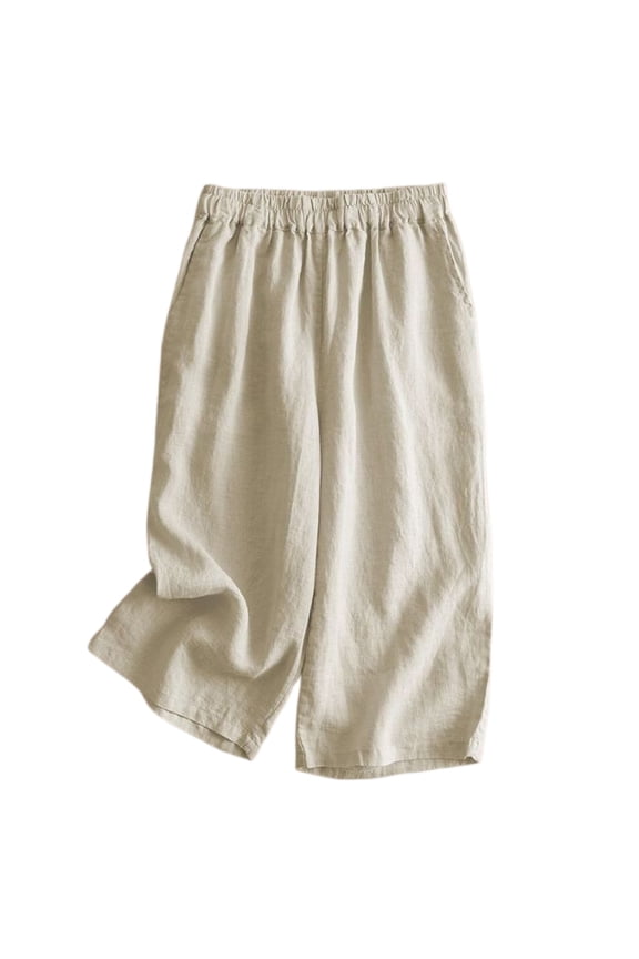 Women's Elastic High Waist Wide Leg Cropped Pants Casual Loose Culottes with Pockets