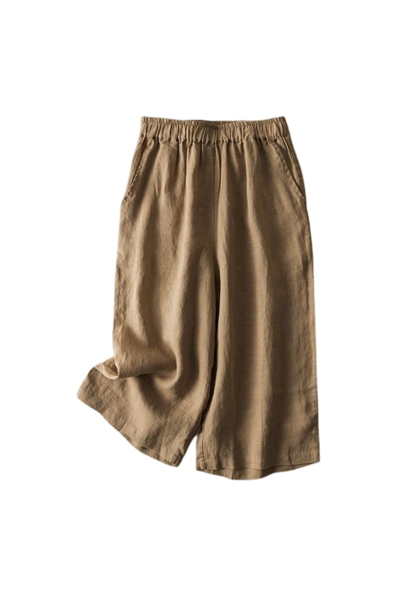 Women's Elastic High Waist Wide Leg Cropped Pants Casual Loose Culottes with Pockets