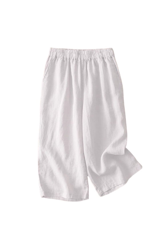 Women's Elastic High Waist Wide Leg Cropped Pants Casual Loose Culottes with Pockets