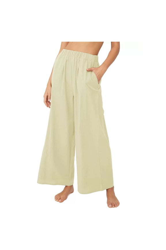 Women's Elastic High Waist Wide Leg Pants Casual Yoga Beach Trousers With Pockets Comfy Casual Pants Women Beach Pants for Juniors Womens Casual Romper Pants Stretch Yoga Pants for Women Womens Baggy