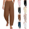 thumbnail image 1 of Women's Elastic High Waisted Loose Fit Tapered Pants, Solid Color with Functional Pockets, Soft Cotton Blend Casual Trousers, Everyday Walk, Work, Errands, Versatile Stretchy, 1 of 7