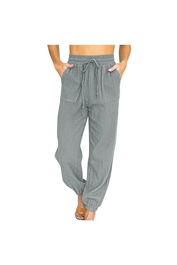 Women's Elastic High Waisted Pants Solid Color Casual Loose Cinch Bottom Pants Drwastring Pants Trousers with Pockets