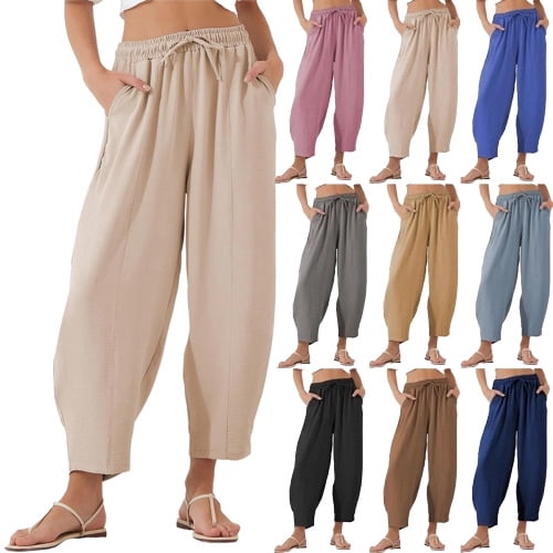 Women's Elastic High Waisted Wide Leg Baggy Palazzo Harem Capri Pants with Pockets, Beige XL