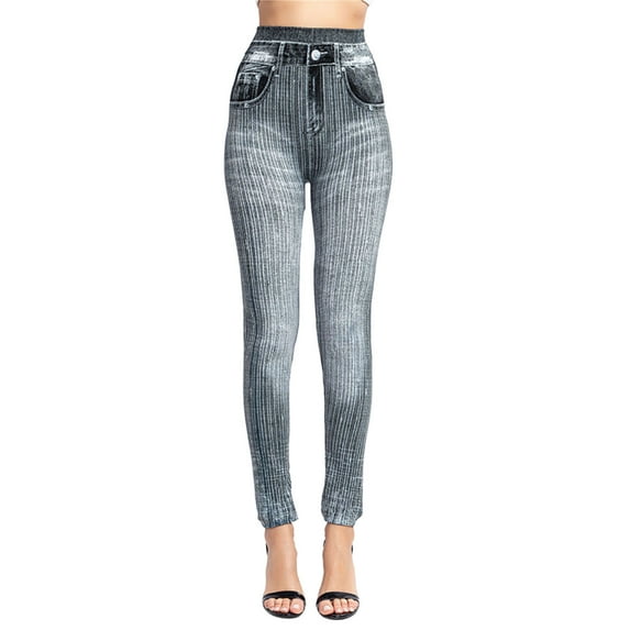 Women's Elastic Imitation Denim Leggings Thermal Stripe Print, Hiking & Yoga, Comfortable and Stylish