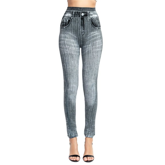 Women's Elastic Imitation Denim Leggings Thermal Stripe Print, Hiking & Yoga, Comfortable and Stylish