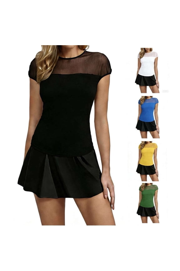 Women's Elastic Mesh Patchwork Short Sleeve Base Layer Top Shirt Tee, Breathable Knit Workout Athletic Top, Lightweight Summer Fashion | CSEONE,Black L