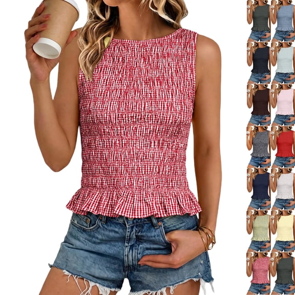 Women's Elastic Shirred Gingham Crop Top Sleeveless Crew Neck Smocked Tank with Ruffle Hem Cute Y2K Summer Beach Casual Blouse ,L,Hot Pink