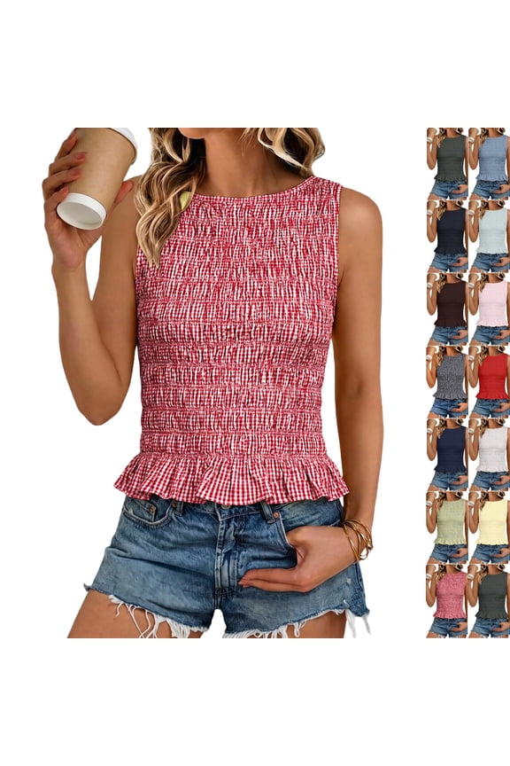 Women's Elastic Shirred Gingham Crop Top Sleeveless Crew Neck Smocked Tank with Ruffle Hem Cute Y2K Summer Beach Casual Blouse ,L,Hot Pink