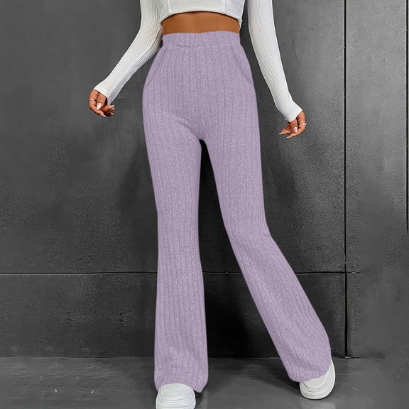 Women's Elastic Slim Fit Bootcut Pants with Brushed Fleece Stripes Sports Leisure Solid Color Flared Leg Casual Trousers with Pockets for Daily Wear Light Violet S