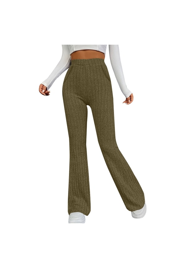 Women's Elastic Slim Fit Flared Pants, Brushed Striped Solid Color Casual Trousers with Side Pockets, Comfortable Bootcut Leggings for Sports Leisure and Daily Wear Green XL