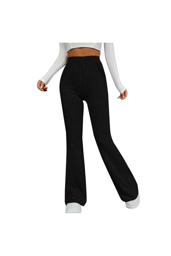 Women's Elastic Slim Fit Flared Pants, Brushed Striped Solid Color Casual Trousers with Side Pockets, Comfortable Bootcut Leggings for Sports Leisure and Daily Wear Black XL