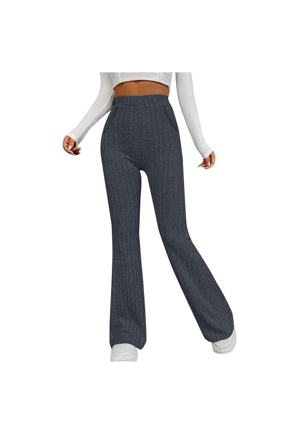 Women's Elastic Slim Fit Flared Pants, Brushed Striped Solid Color Casual Trousers with Side Pockets, Comfortable Bootcut Leggings for Sports Leisure and Daily Wear Dark Gray S