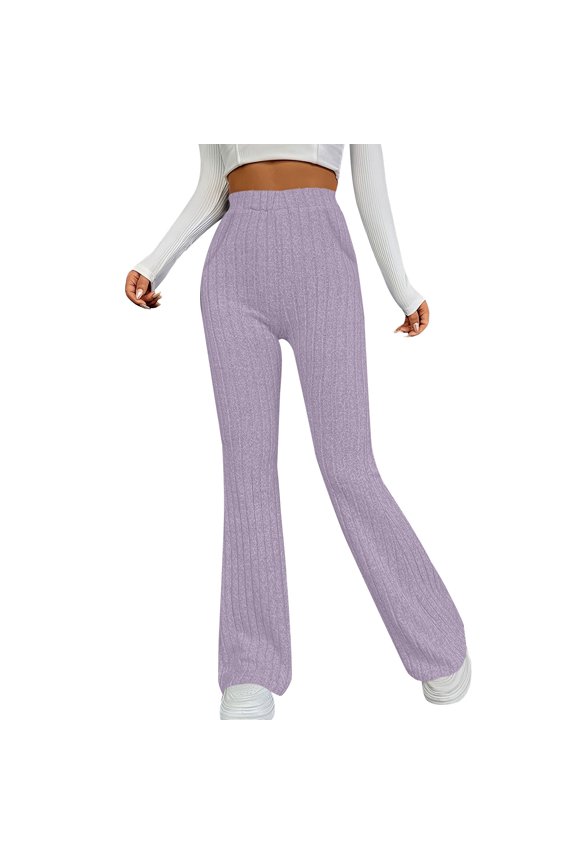 Women's Elastic Slim Fit Flared Pants, Brushed Striped Solid Color Casual Trousers with Side Pockets, Comfortable Bootcut Leggings for Sports Leisure and Daily Wear Light Violet S
