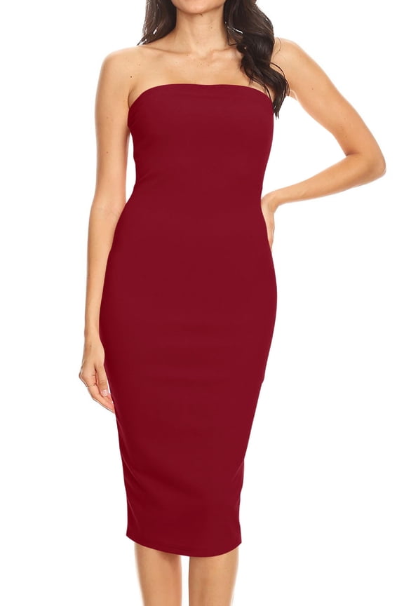 Women's Elastic Tube Top Strapless Basic Casual Solid Slim Bodycon Midi Dress S-3XL Burgundy M