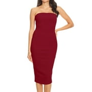 MOA COLLECTION Women's Elastic Tube Top Strapless Basic Casual Solid Slim Bodycon Midi Dress S-3XL Burgundy S