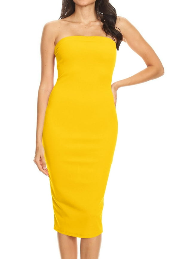 Women's Elastic Tube Top Strapless Basic Casual Solid Slim Bodycon Midi Dress S-3XL Mustard XL
