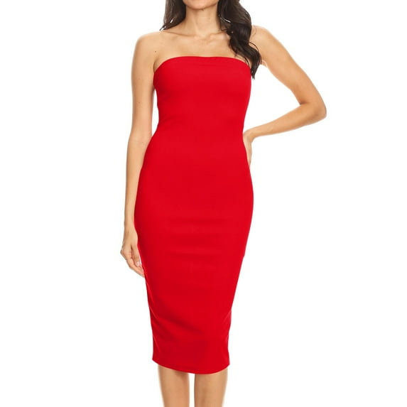Women's Elastic Tube Top Strapless Basic Casual Solid Slim Bodycon Midi Dress S-3XL Red M