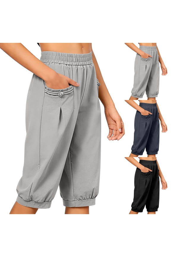 Women's Elastic Waist 3/4 Capri Harem Pants with Pockets Casual Loose Solid Yoga Soft Cotton Blend for All Day Comfort. Blue S