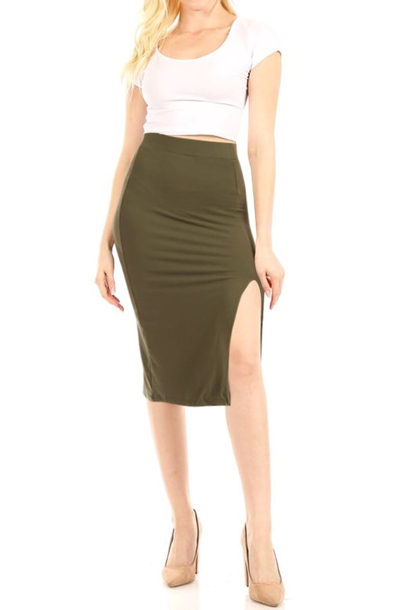 Women's Elastic Waist Band Stretch Bodycon Side Slit Solid Pencil Midi Mini Skirt