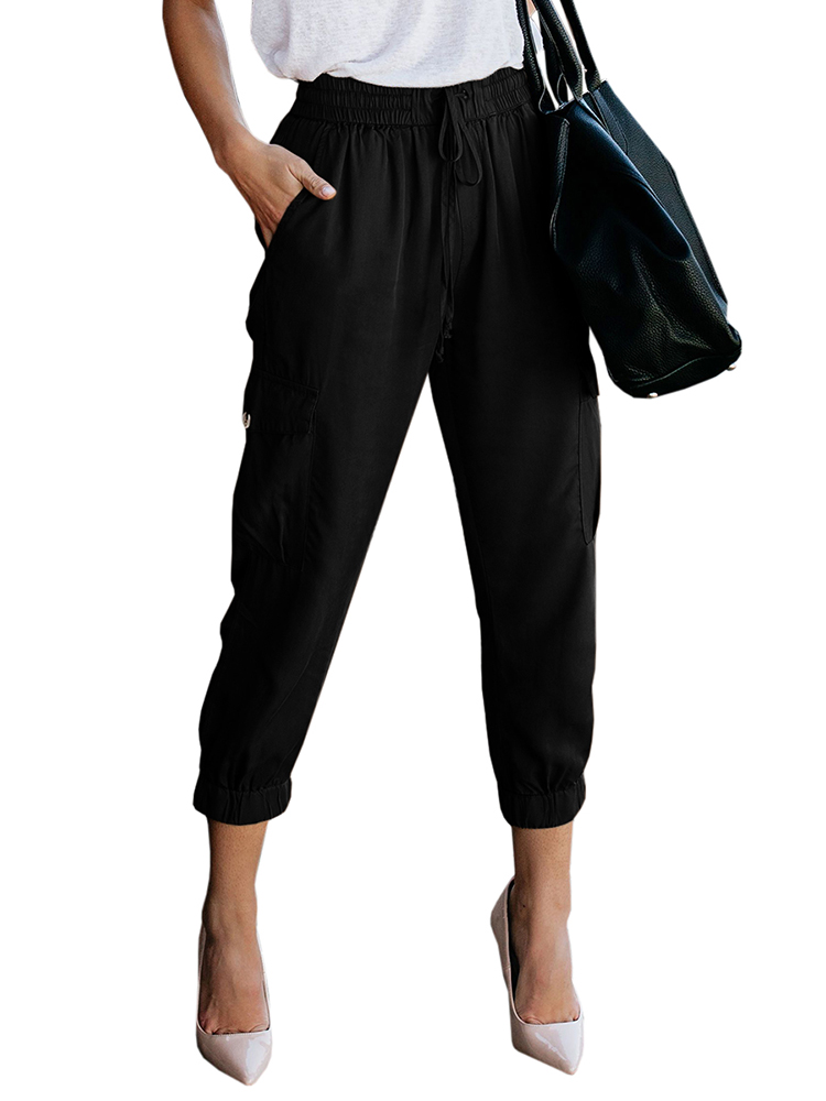 Women's Elastic Waist Cargo Casual Drawstring Pants Ankle Length Jogger