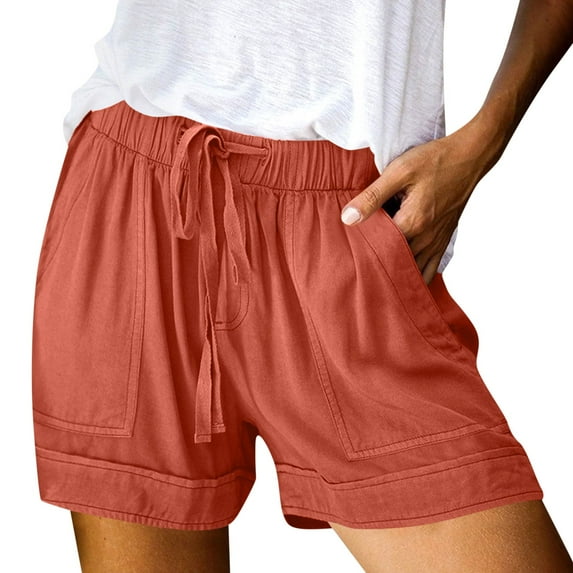 Women's Elastic Waist Casual Beach Shorts, Solid Color Summer Shorts with Stretchy Comfort, Quick-Dry Lightweight Women's Shorts for Outdoor Activities,Orange L