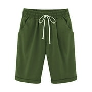 BESOLOR Women's Elastic Waist Casual Comfy Cotton Linen Beach Shorts with Drawstring Pockets Knee Length Curling Bermuda Shorts Womens Clothes