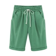 BESOLOR Women's Elastic Waist Casual Comfy Cotton Linen Beach Shorts with Drawstring Pockets Knee Length Curling Bermuda Shorts Womens Clothes