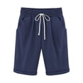 thumbnail image 1 of Women's Elastic Waist Casual Comfy Cotton Linen Beach Shorts with Drawstring Pockets Knee Length Curling Bermuda Shorts, 1 of 3