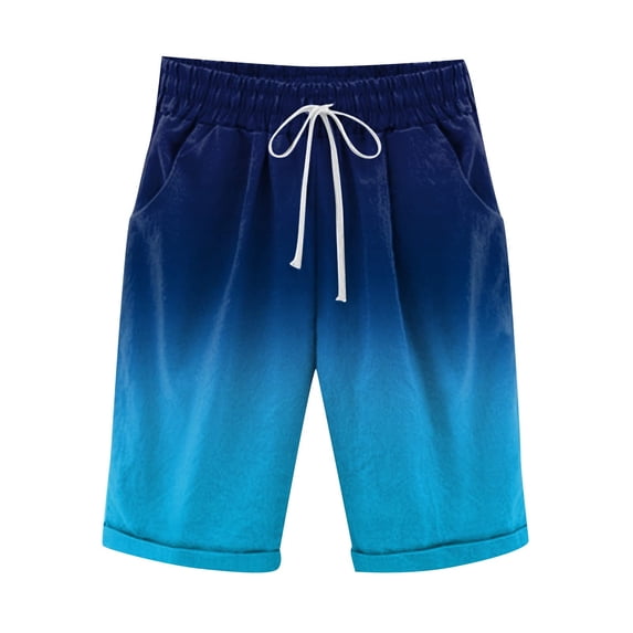 Women's Elastic Waist Casual Comfy Cotton Linen Beach Shorts with Drawstring Printing Knee Length Curling Bermuda Shorts