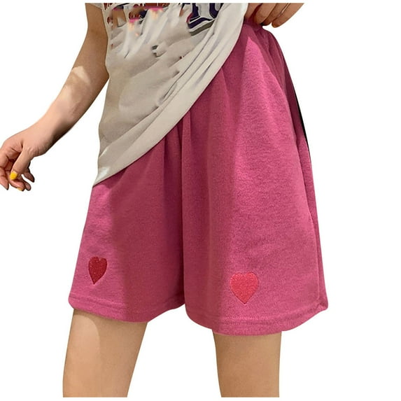 Women's Elastic Waist Casual Loose Summer Bermuda Shorts with Pockets Heart Embroidery Print Baggy Comfy Lounge Shorts