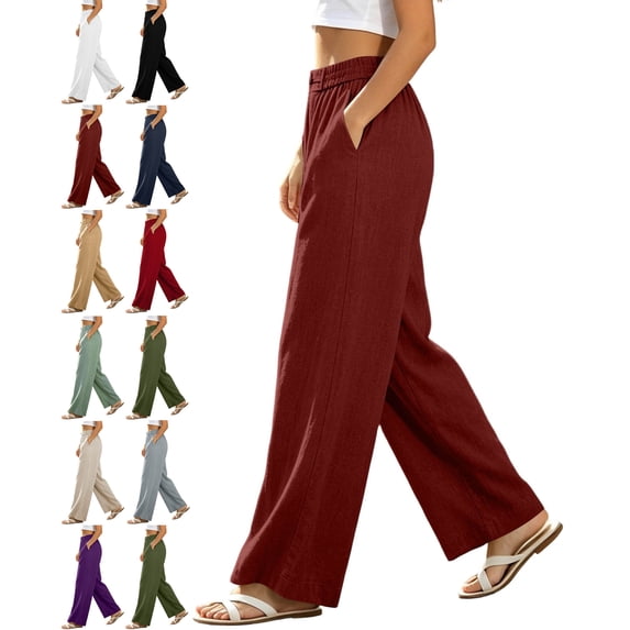 Women's Elastic Waist Cotton Wide Leg Pants, Casual High Rise Loose Fit Trousers with Side Pockets